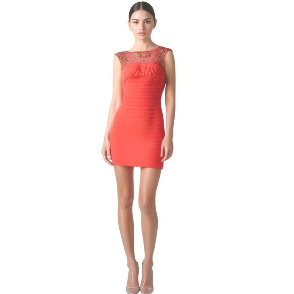 Sherri Hill Sleeveless Coral Pink Embellished Cocktail Dress 0 Sheer Beaded Neck